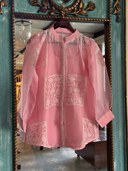 Pink Noor Organza Chikankari Collar Ready To Wear Short Top