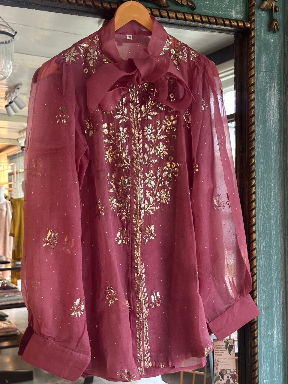 Pink Noor Organza Mukaish Badla Short Top With Bow Tie