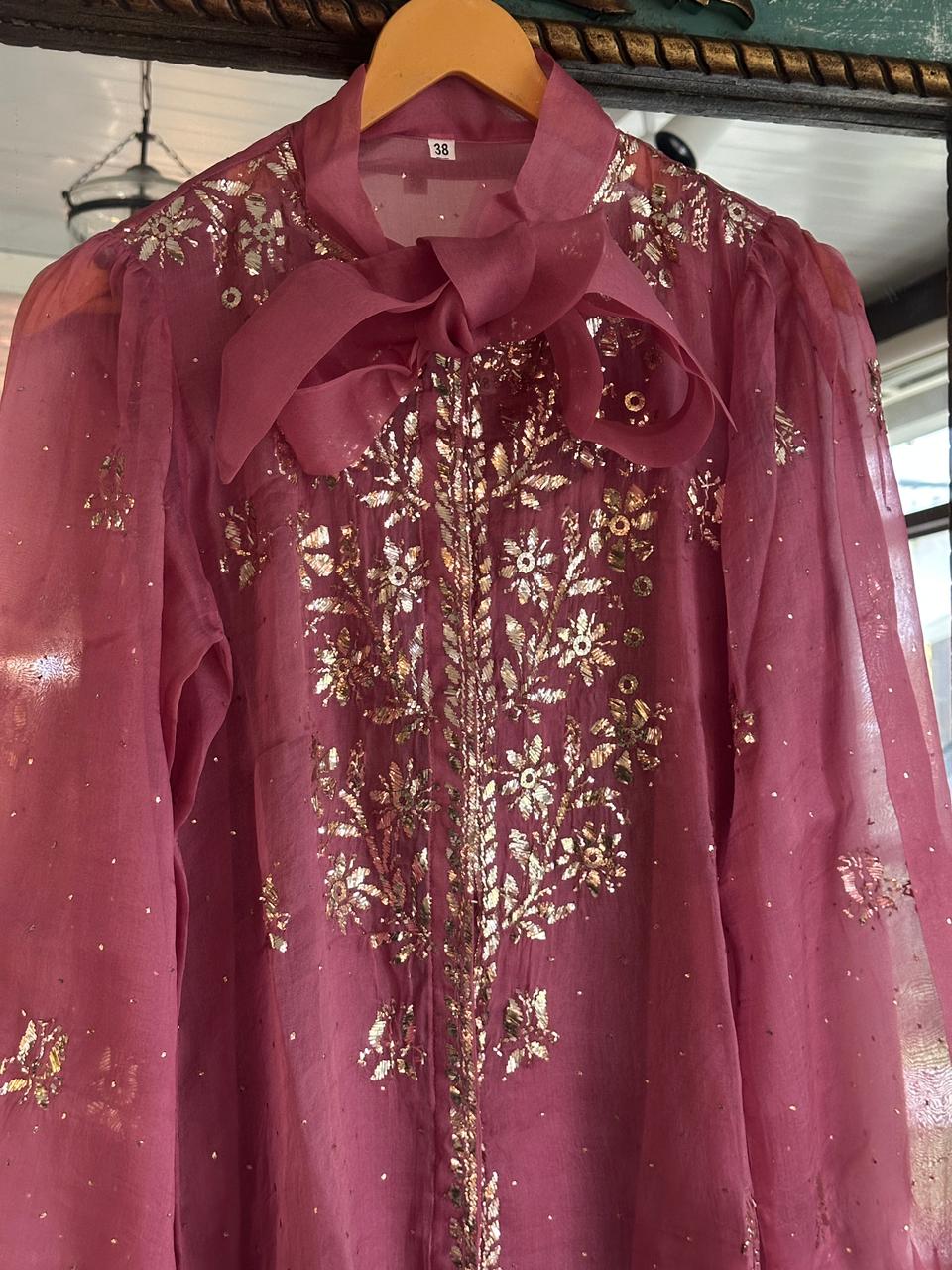 Pink Noor Organza Mukaish Badla Short Top With Bow Tie