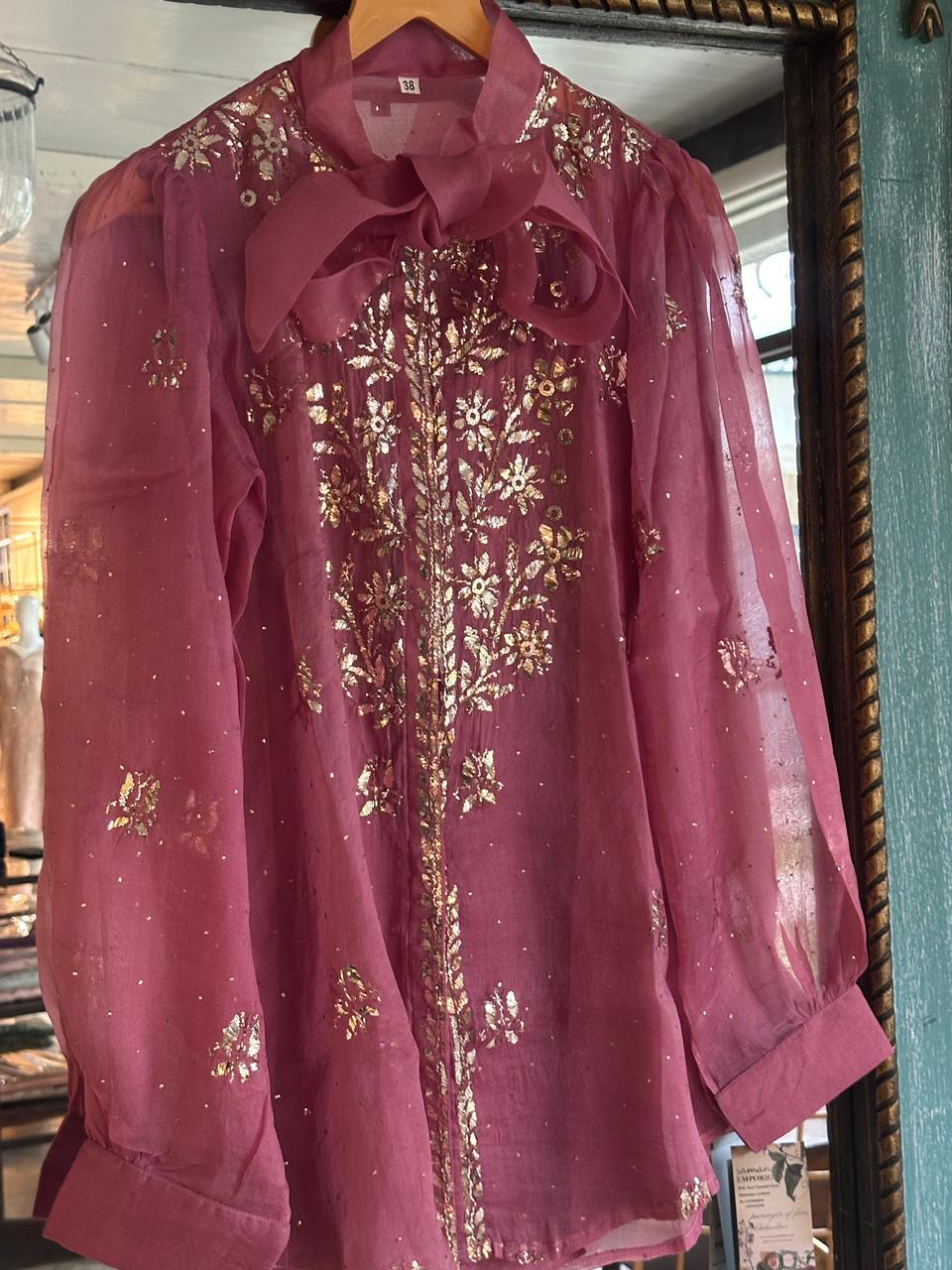 Pink Noor Organza Mukaish Badla Short Top With Bow Tie