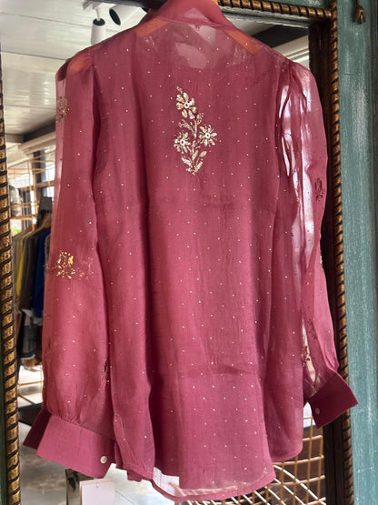 Pink Noor Organza Mukaish Badla Short Top With Bow Tie