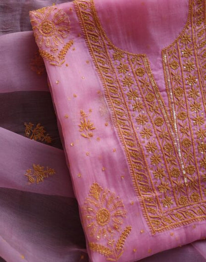 Pink Noor Organza Silk Chikankari Unstitched Kurta Dupatta Set