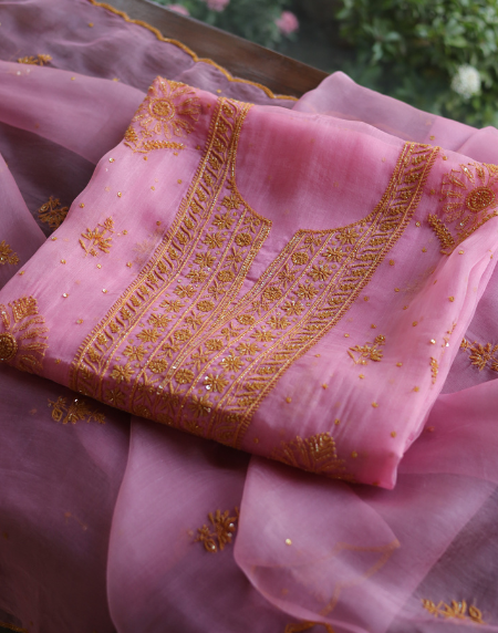 Pink Noor Organza Silk Chikankari Unstitched Kurta Dupatta Set