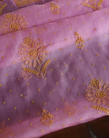 Pink Noor Organza Silk Chikankari Unstitched Kurta Dupatta Set