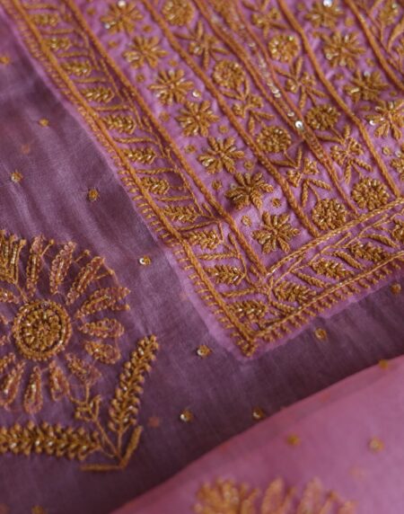 Pink Noor Organza Silk Chikankari Unstitched Kurta Dupatta Set