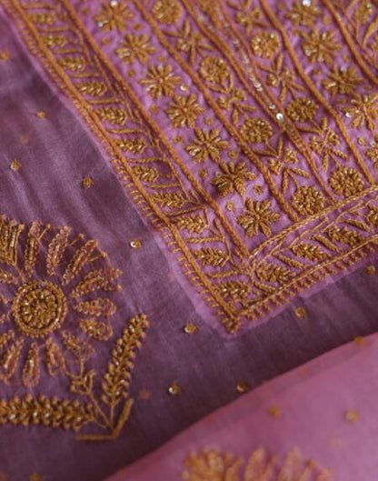 Pink Noor Organza Silk Chikankari Unstitched Kurta Dupatta Set