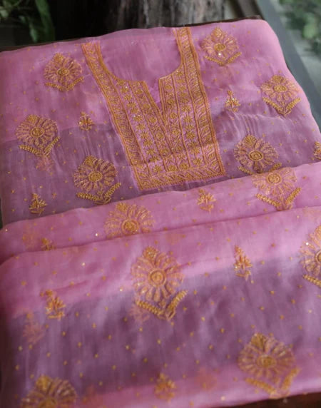Pink Noor Organza Silk Chikankari Unstitched Kurta Dupatta Set