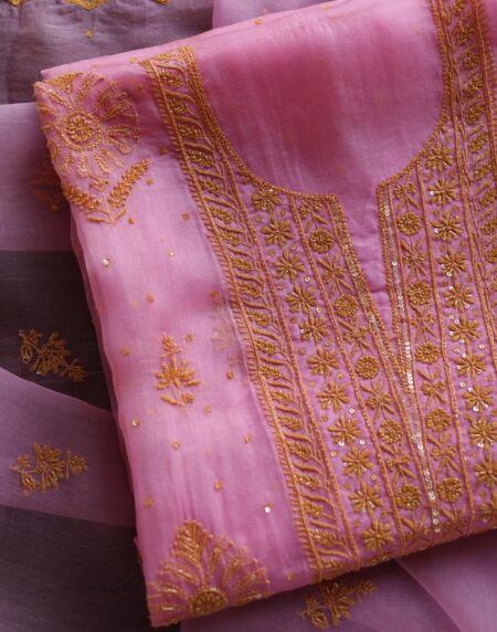 Pink Noor Organza Silk Chikankari Unstitched Kurta Dupatta Set