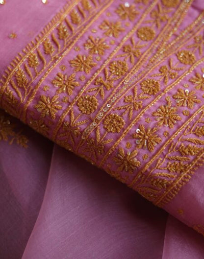 Pink Noor Organza Silk Chikankari Unstitched Kurta Dupatta Set