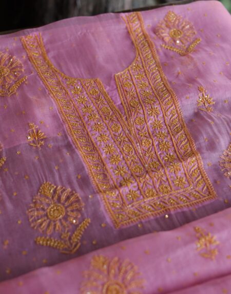 Pink Noor Organza Silk Chikankari Unstitched Kurta Dupatta Set