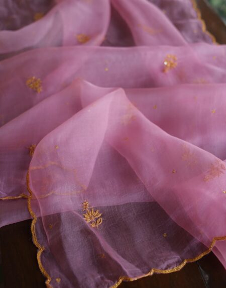 Pink Noor Organza Silk Chikankari Unstitched Kurta Dupatta Set