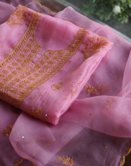 Pink Noor Organza Silk Chikankari Unstitched Kurta Dupatta Set