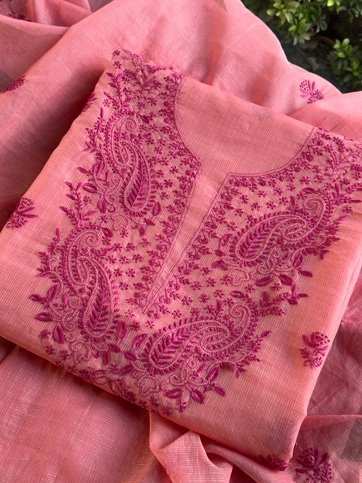 Pink Peach Kota Chikankari Unstitched Fabrics