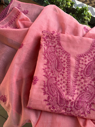 Pink Peach Kota Chikankari Unstitched Fabrics
