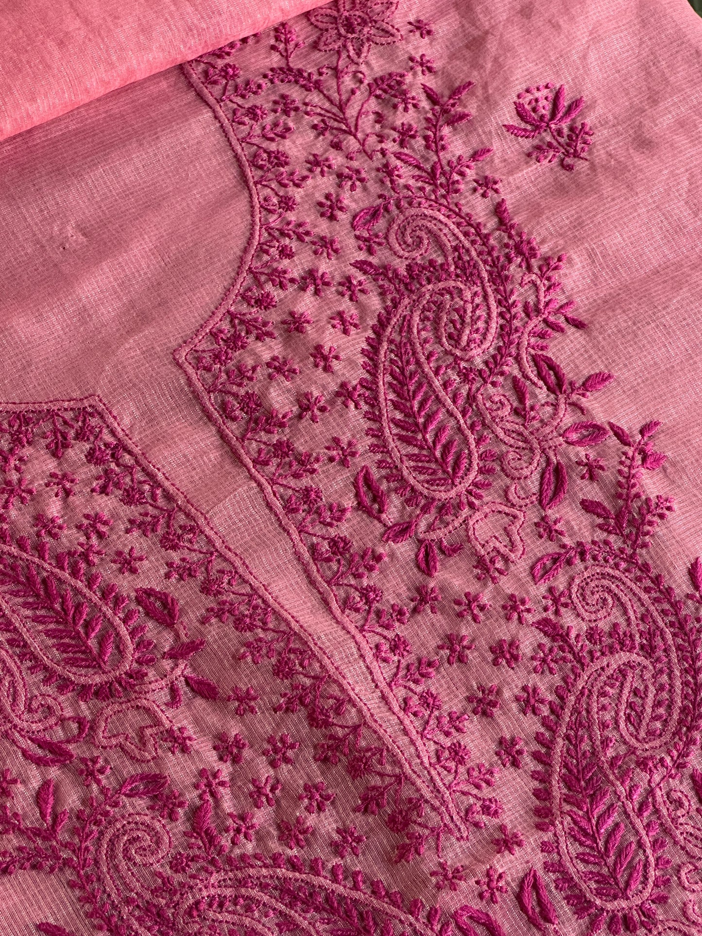 Pink Peach Kota Chikankari Unstitched Fabrics
