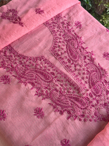 Pink Peach Kota Chikankari Unstitched Fabrics