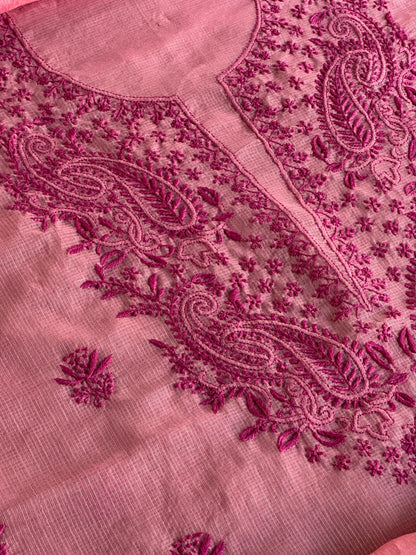Pink Peach Kota Chikankari Unstitched Fabrics