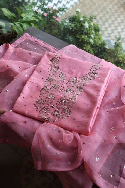 Pink Plum Chanderi Silk Mukaish Badla Unstitched Fabric