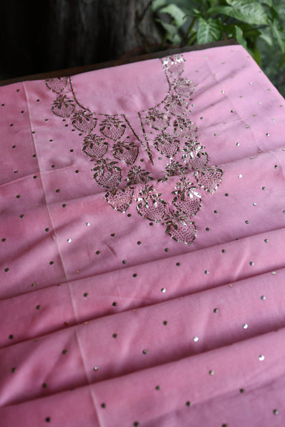 Pink Plum Chanderi Silk Mukaish Badla Unstitched Fabric