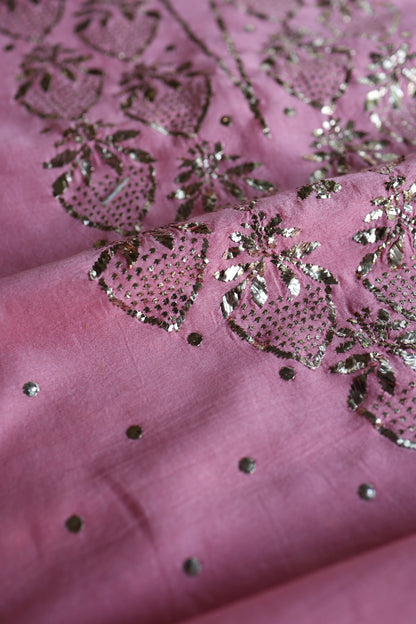 Pink Plum Chanderi Silk Mukaish Badla Unstitched Fabric