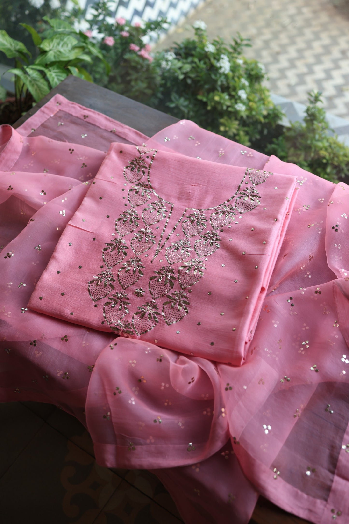 Pink Plum Chanderi Silk Mukaish Badla Unstitched Fabric