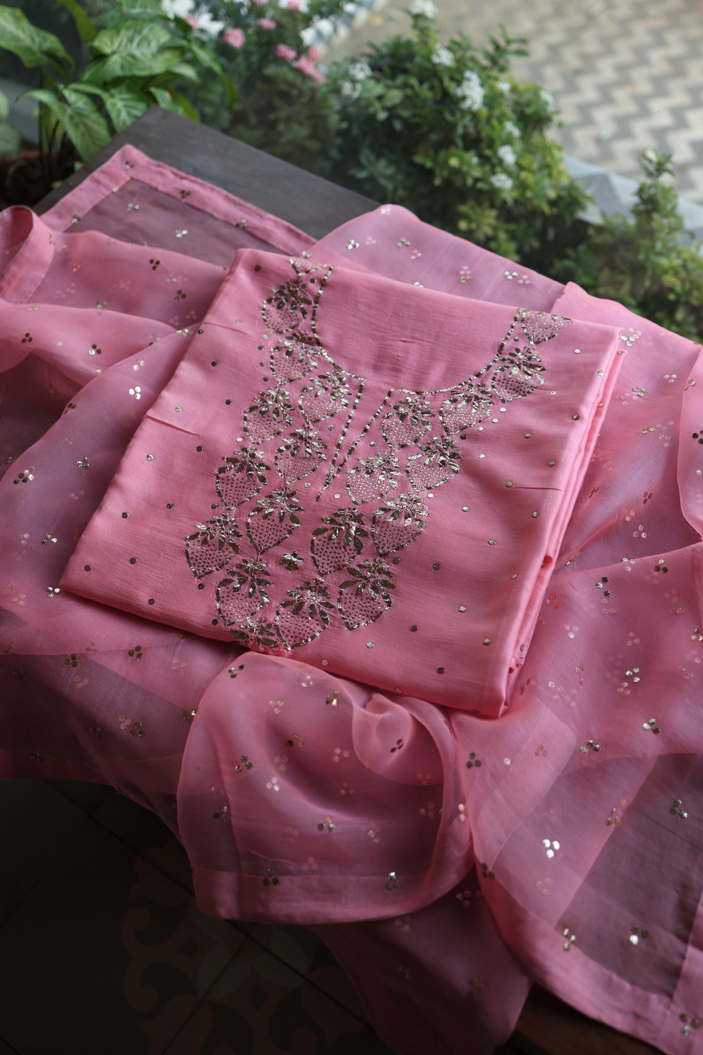 Pink Plum Chanderi Silk Mukaish Badla Unstitched Fabric