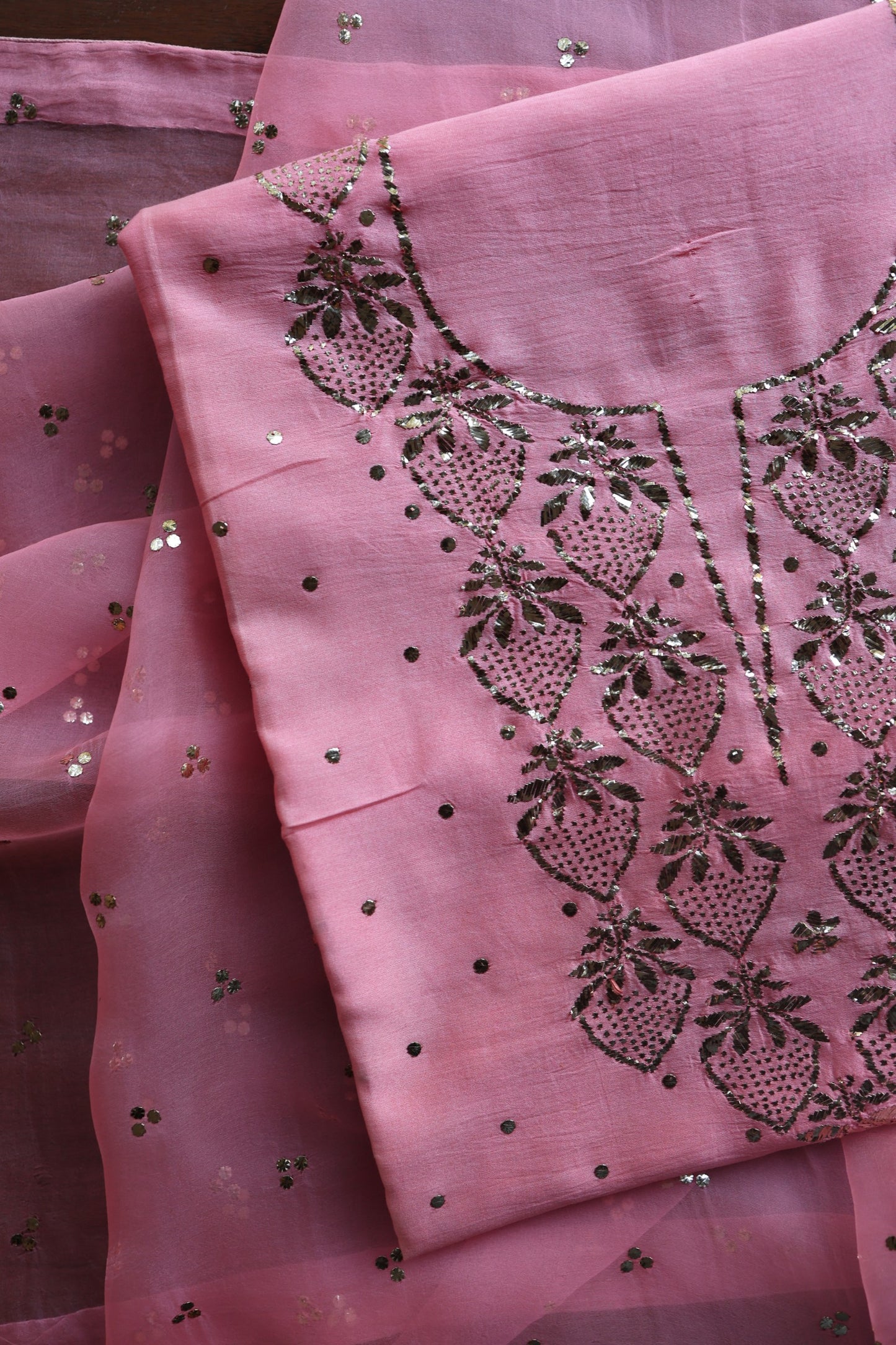 Pink Plum Chanderi Silk Mukaish Badla Unstitched Fabric