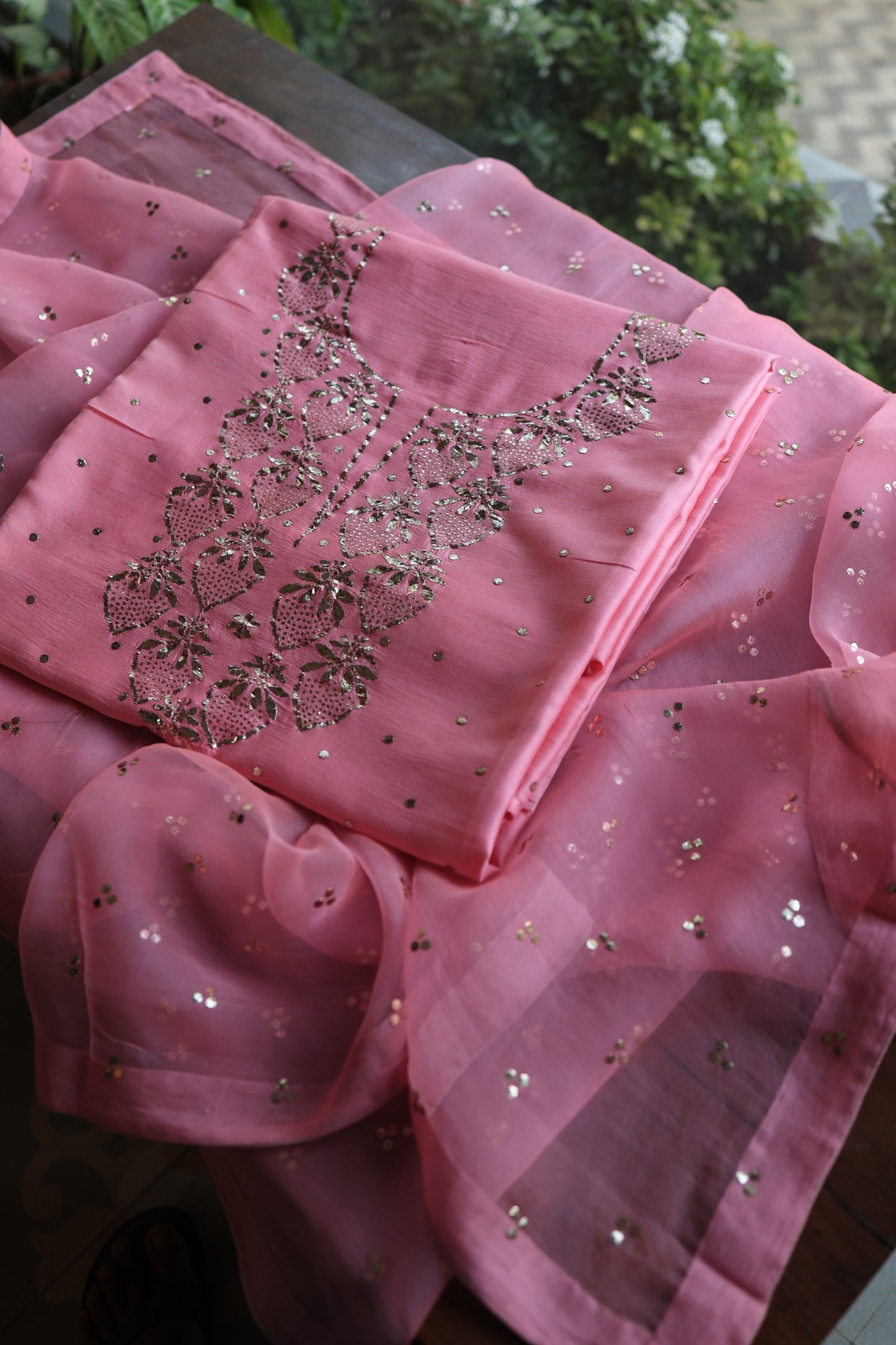 Pink Plum Chanderi Silk Mukaish Badla Unstitched Fabric