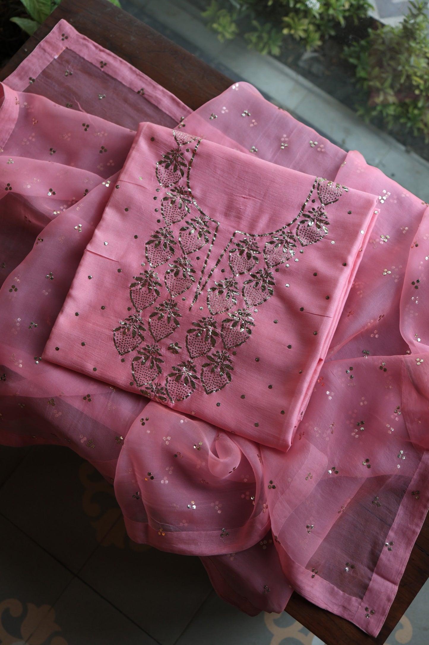 Pink Plum Chanderi Silk Mukaish Badla Unstitched Fabric