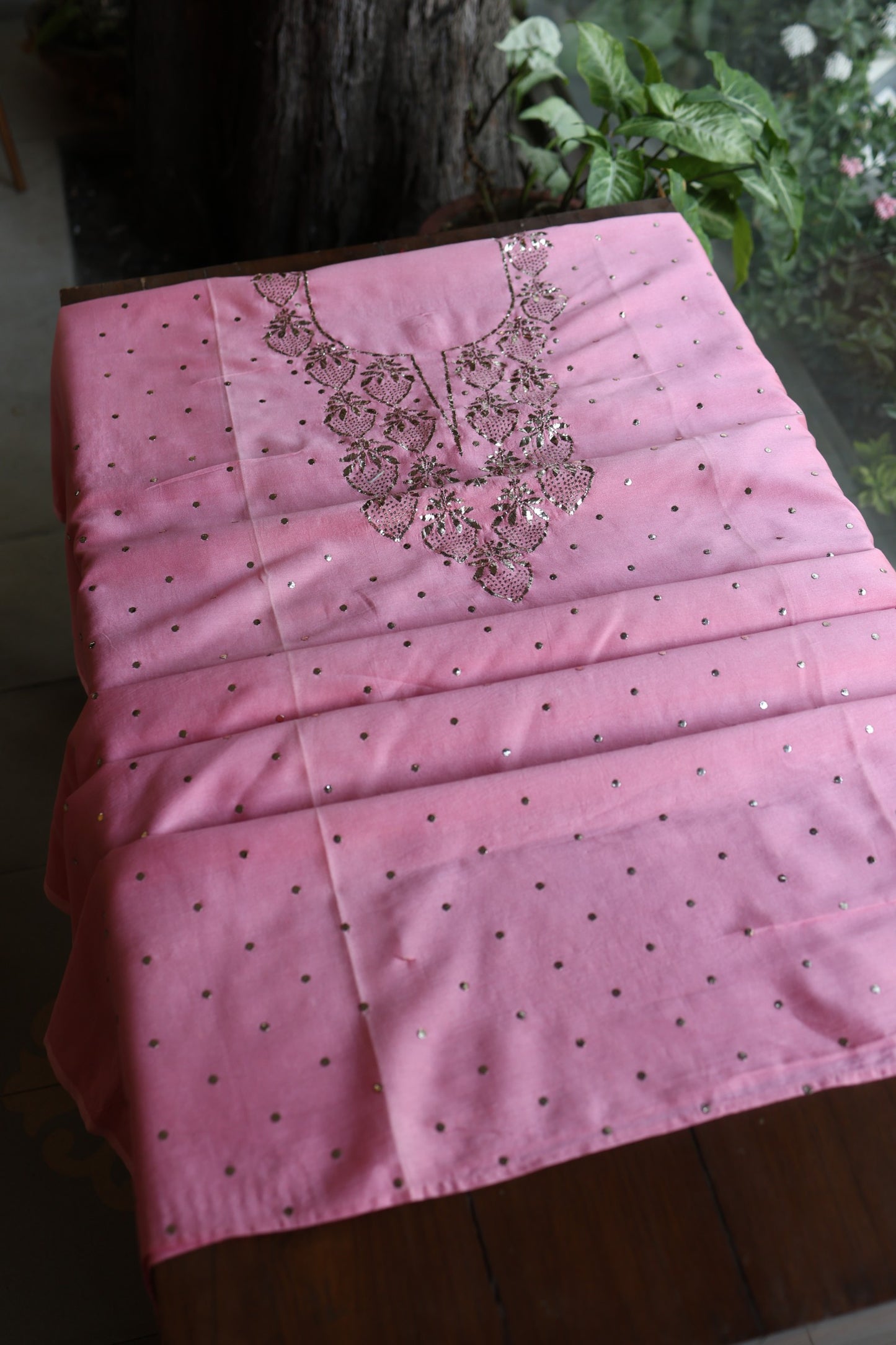 Pink Plum Chanderi Silk Mukaish Badla Unstitched Fabric
