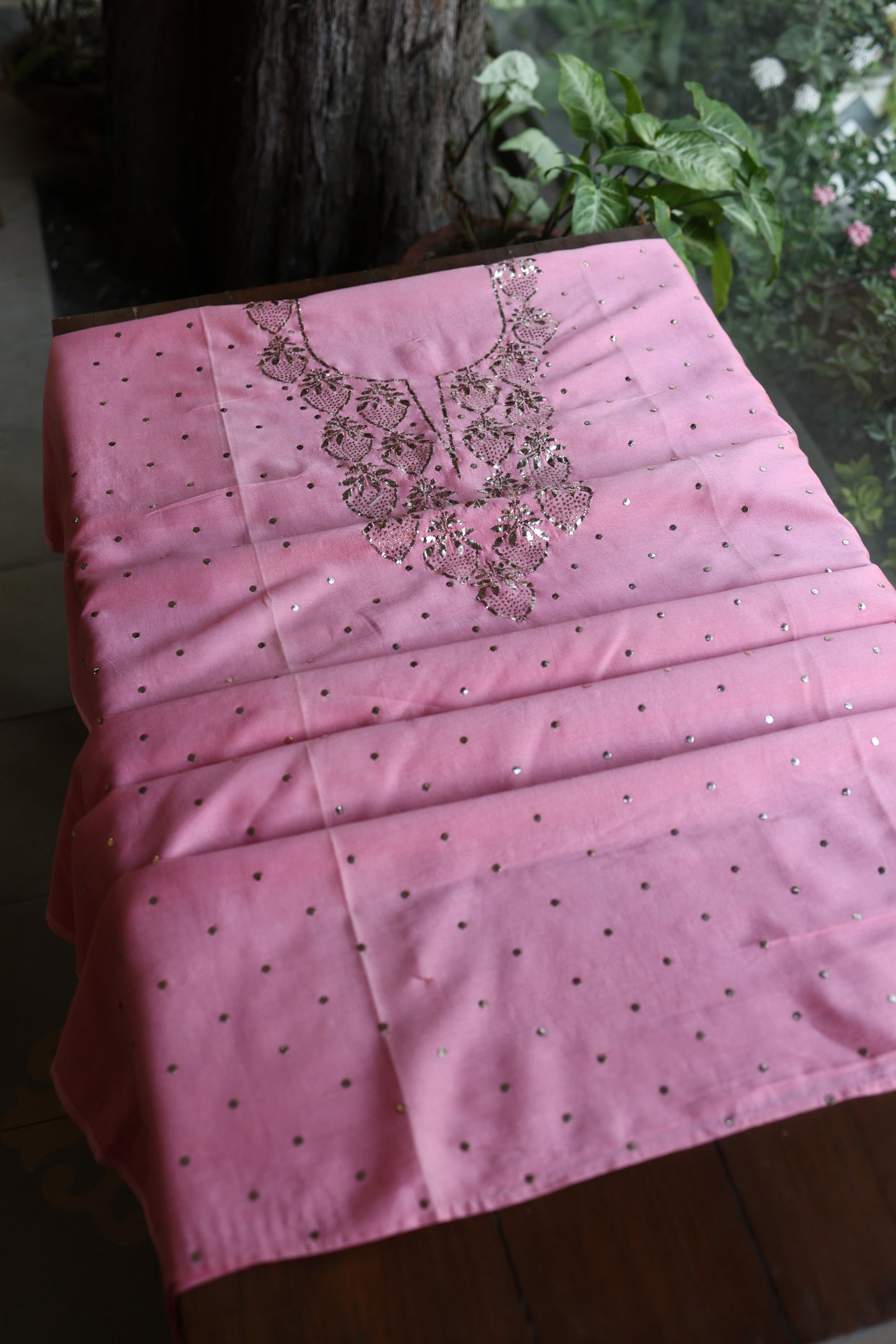 Pink Plum Chanderi Silk Mukaish Badla Unstitched Fabric
