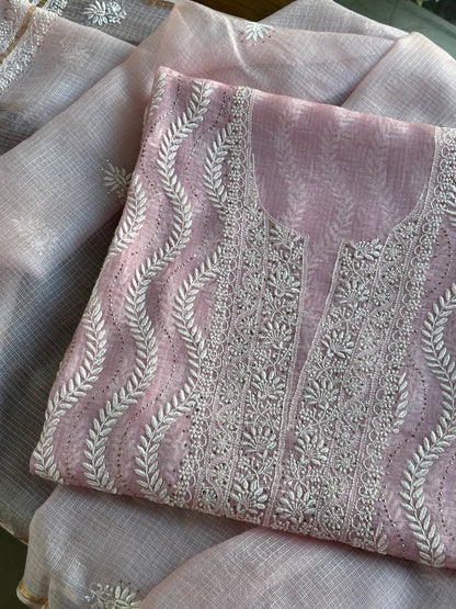 Pink Rasm Kota Tussar Chikankari Unstitched Chikankari Fabric