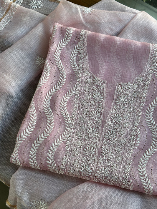 Pink Rasm Kota Tussar Chikankari Unstitched Chikankari Fabric