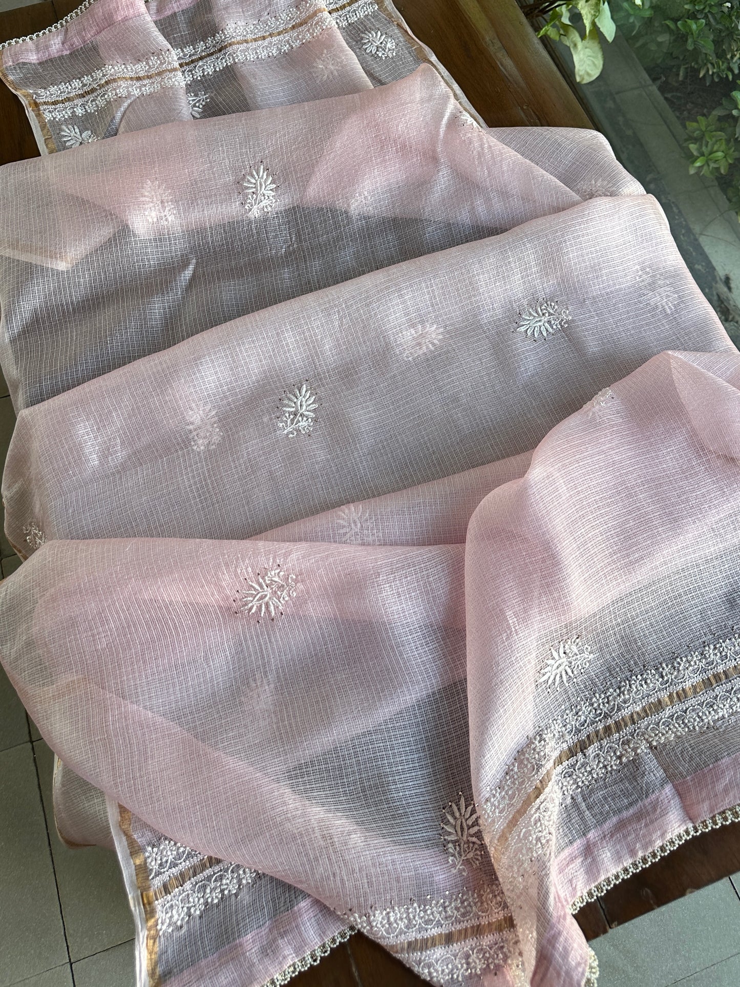 Pink Rasm Kota Tussar Chikankari Unstitched Chikankari Fabric