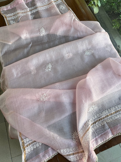 Pink Rasm Kota Tussar Chikankari Unstitched Chikankari Fabric