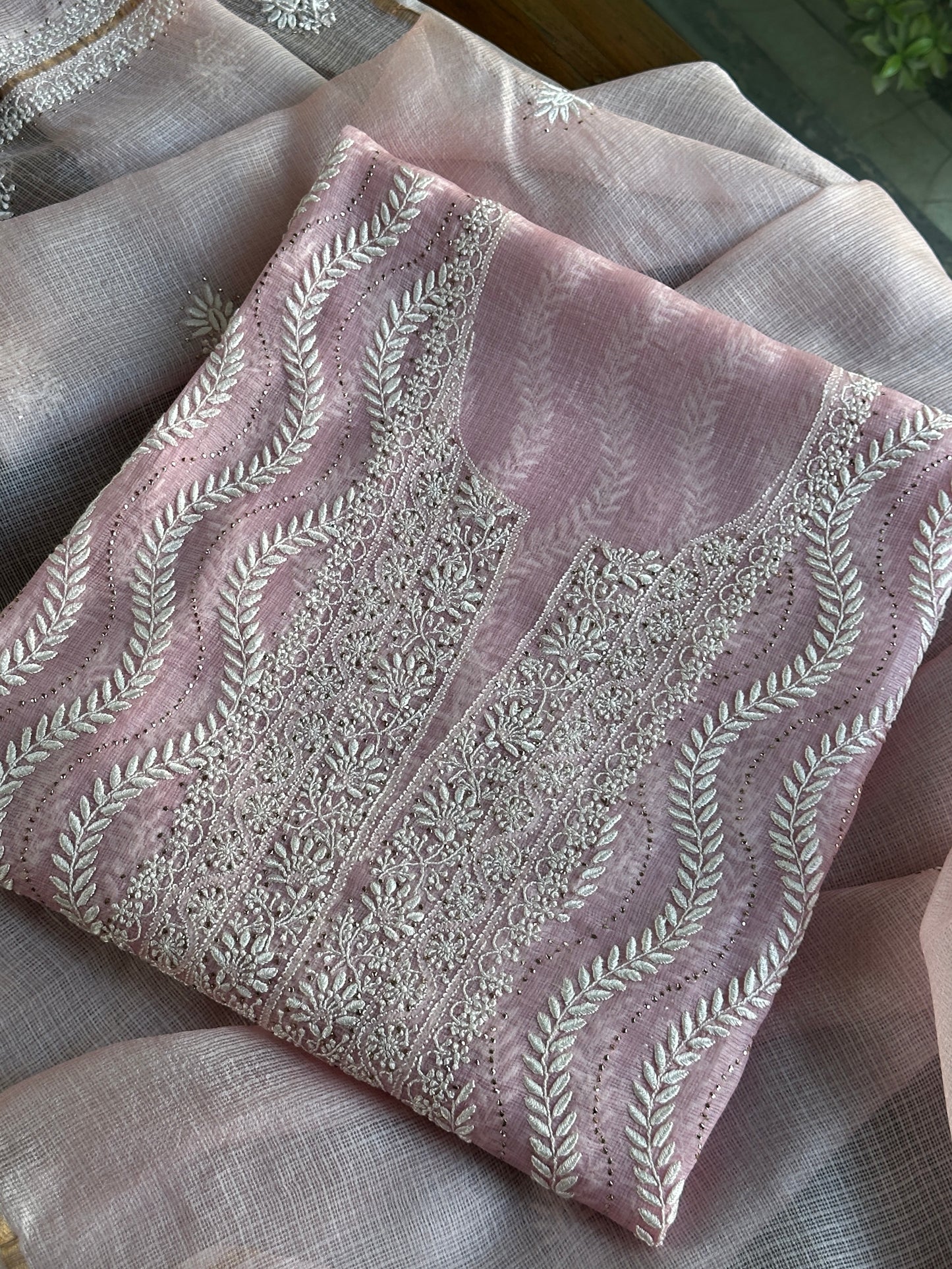 Pink Rasm Kota Tussar Chikankari Unstitched Chikankari Fabric