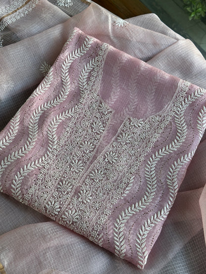 Pink Rasm Kota Tussar Chikankari Unstitched Chikankari Fabric