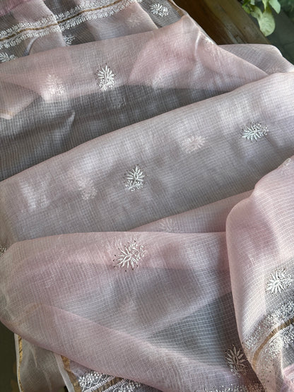 Pink Rasm Kota Tussar Chikankari Unstitched Chikankari Fabric