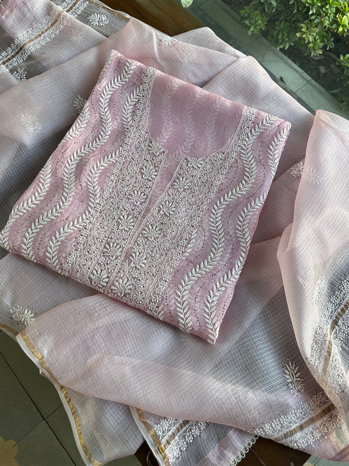 Pink Rasm Kota Tussar Chikankari Unstitched Chikankari Fabric