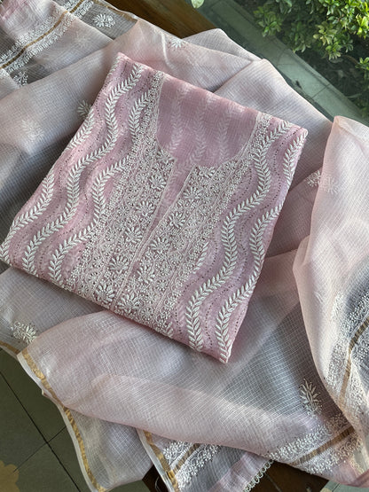 Pink Rasm Kota Tussar Chikankari Unstitched Chikankari Fabric