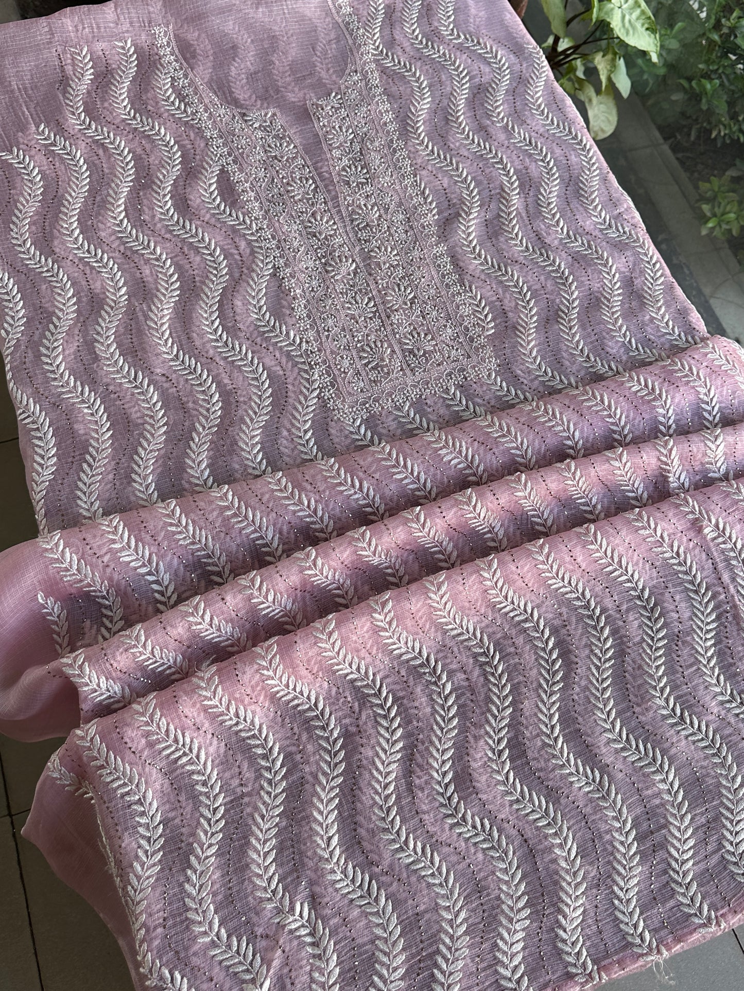 Pink Rasm Kota Tussar Chikankari Unstitched Chikankari Fabric