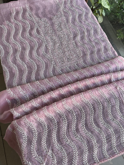 Pink Rasm Kota Tussar Chikankari Unstitched Chikankari Fabric