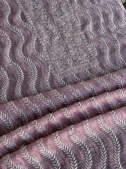 Pink Rasm Kota Tussar Chikankari Unstitched Chikankari Fabric