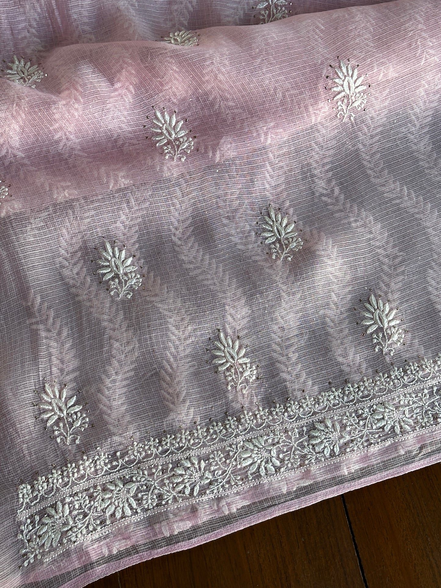 Pink Rasm Kota Tussar Chikankari Unstitched Chikankari Fabric