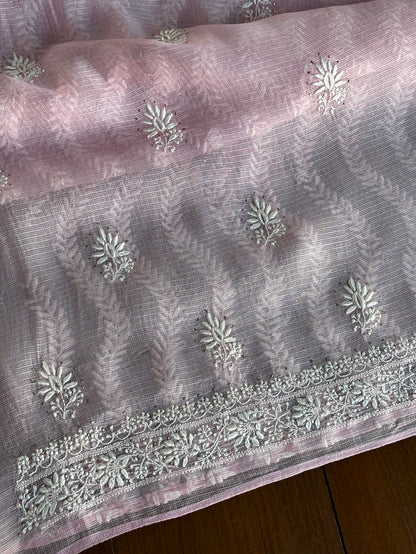 Pink Rasm Kota Tussar Chikankari Unstitched Chikankari Fabric