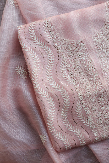Pink Rasm Kota Tussar Chikankari Unstitched Chikankari Fabrics
