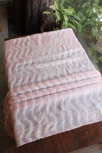 Pink Rasm Kota Tussar Chikankari Unstitched Chikankari Fabrics