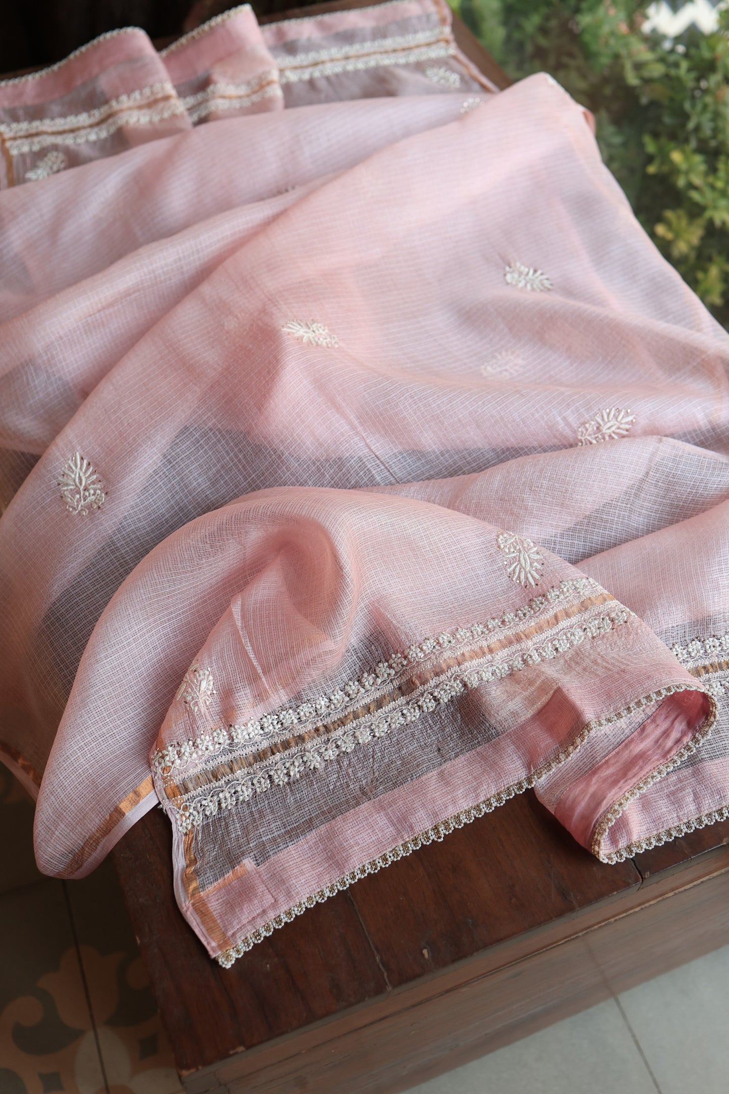 Pink Rasm Kota Tussar Chikankari Unstitched Chikankari Fabrics