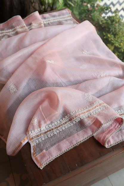 Pink Rasm Kota Tussar Chikankari Unstitched Chikankari Fabrics