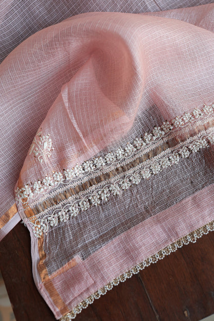Pink Rasm Kota Tussar Chikankari Unstitched Chikankari Fabrics